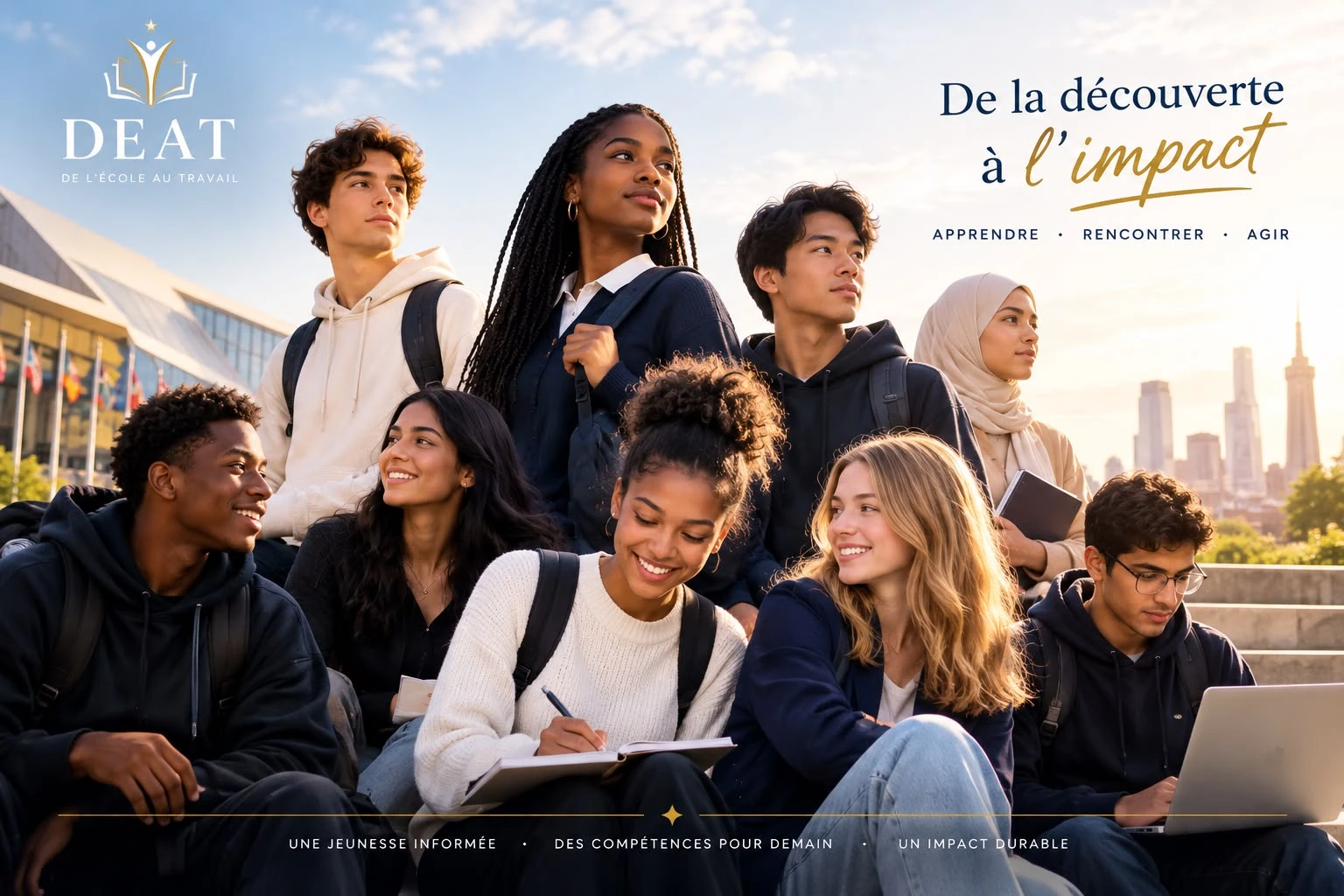 Un groupe de jeunes réunis en plein air devant une ville, carnets et ordinateur en main. Texte sur l'image : De la découverte à l'impact — apprendre, rencontrer, agir.